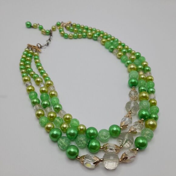 Vintage Green Faux Pearl Clear Bead Necklace, 1950s, Three Strands, 18" - Picture 7 of 13